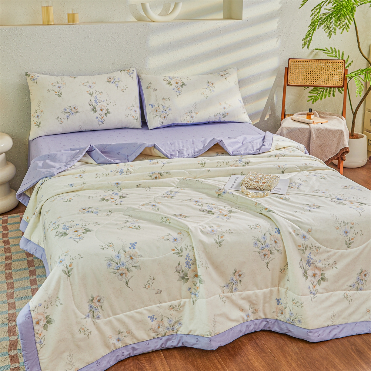 91家纺网 家纺一手货源 找家纺 小禹仔家纺 2026新款A类里外全棉印花棉花夏被 淡紫花瑶