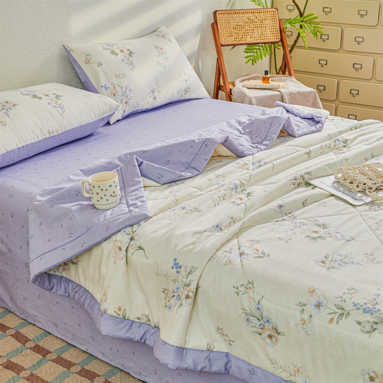 91家纺网 家纺一手货源 找家纺 小禹仔家纺 2026新款A类里外全棉印花棉花夏被 淡紫花瑶