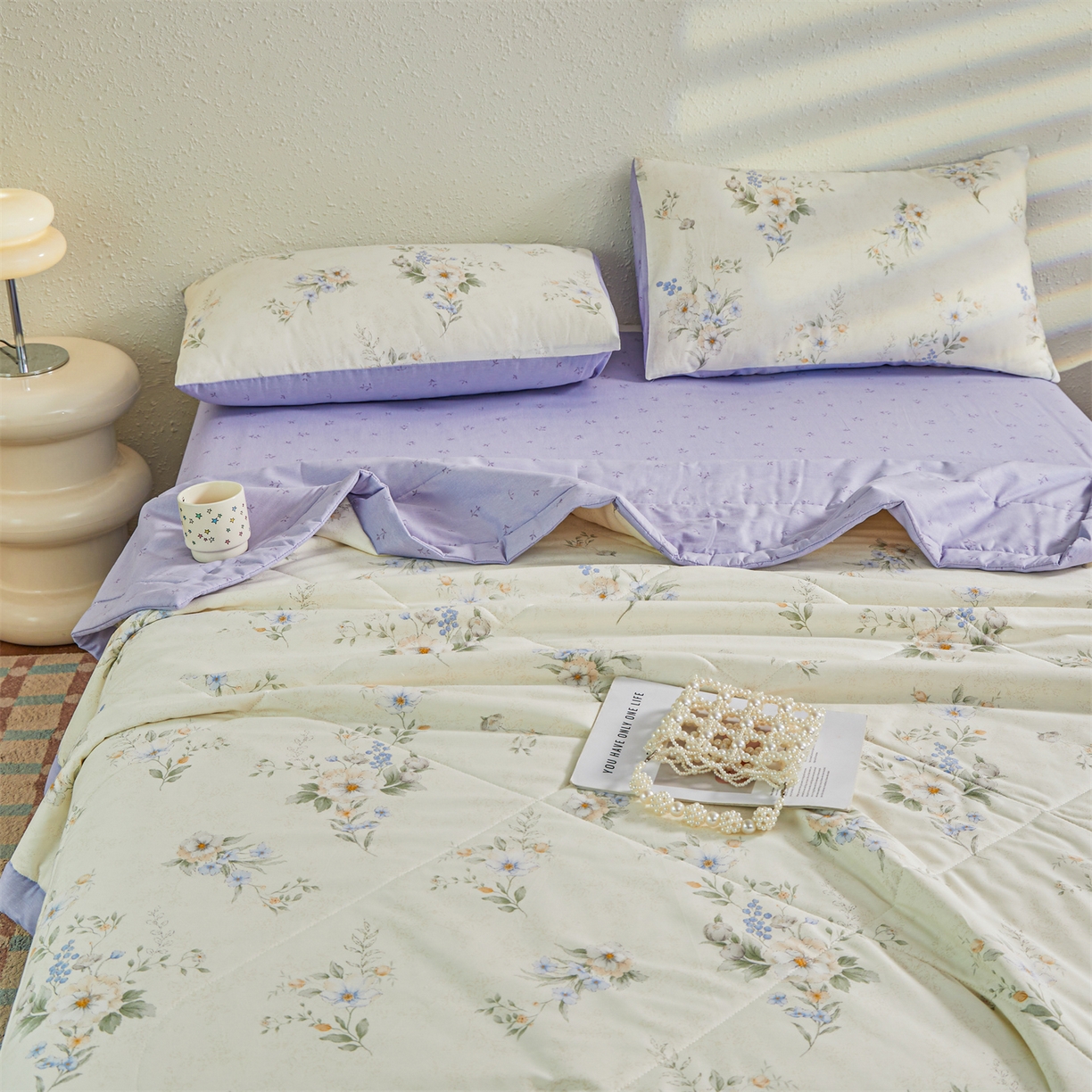 91家纺网 家纺一手货源 找家纺 小禹仔家纺 2026新款A类里外全棉印花棉花夏被 淡紫花瑶