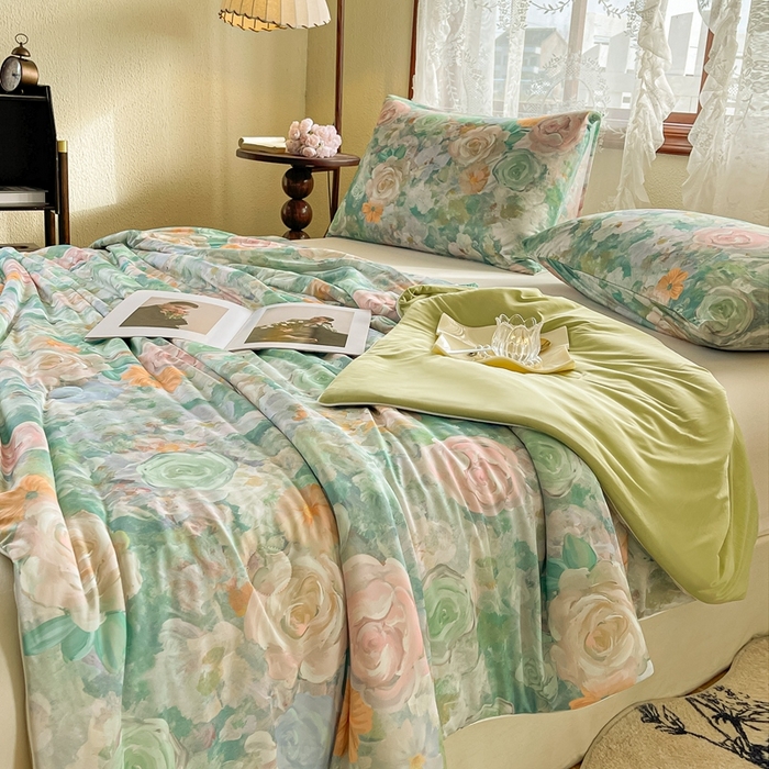 91家纺网 家纺一手货源 找家纺 小禹仔家纺 2026新款针织凉感丝印花夏被夏凉被 世家花园咖