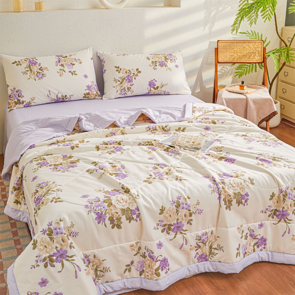 91家纺网 家纺一手货源 找家纺 小禹仔家纺 2026新款A类里外全棉印花棉花夏被 花紫悦颜