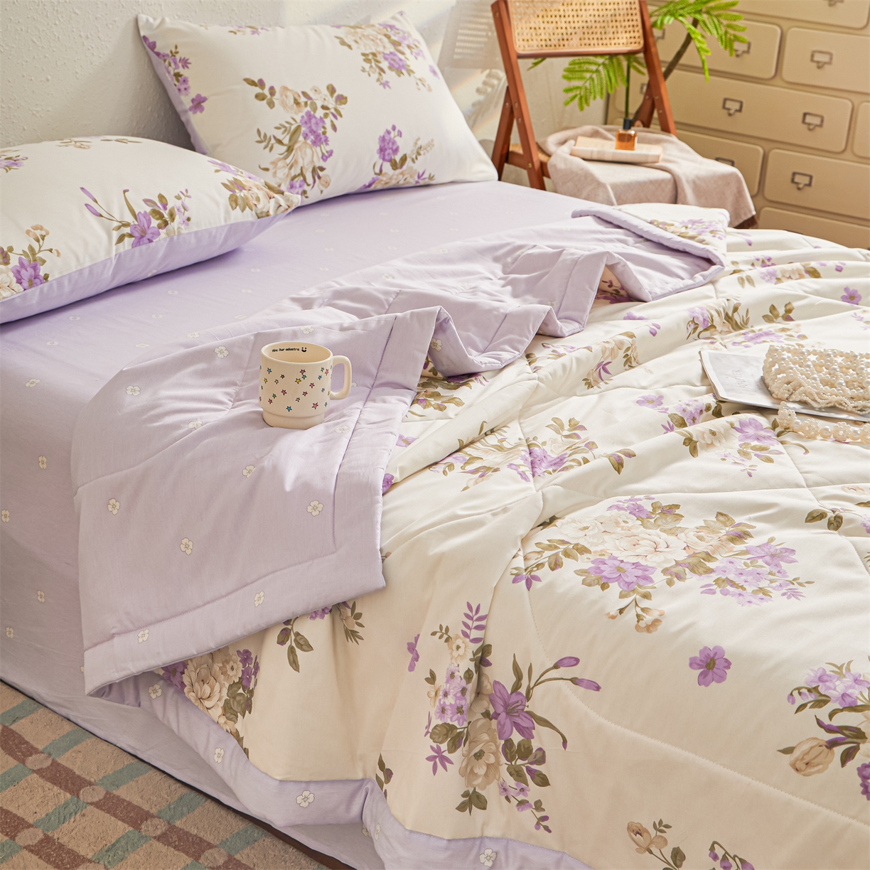 91家纺网 家纺一手货源 找家纺 小禹仔家纺 2026新款A类里外全棉印花棉花夏被 花紫悦颜