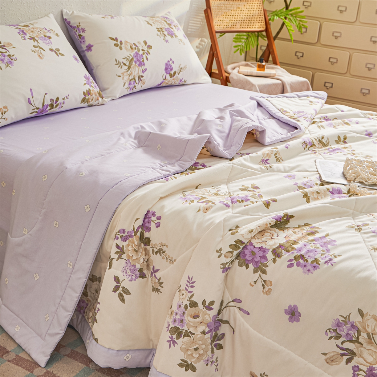 91家纺网 家纺一手货源 找家纺 小禹仔家纺 2026新款A类里外全棉印花棉花夏被 花紫悦颜