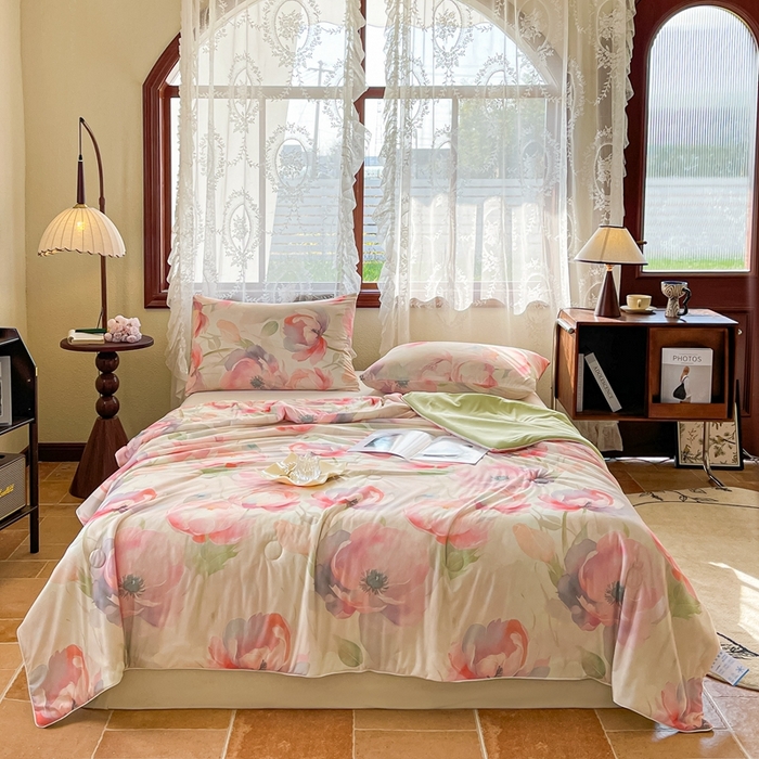 91家纺网 家纺一手货源 找家纺 小禹仔家纺 2026新款针织凉感丝印花夏被夏凉被 油画粉