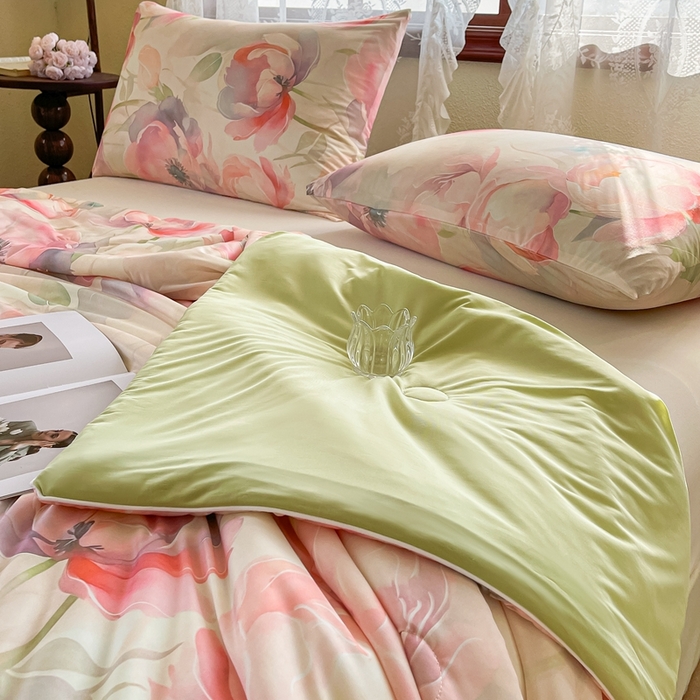 91家纺网 家纺一手货源 找家纺 小禹仔家纺 2026新款针织凉感丝印花夏被夏凉被 油画粉