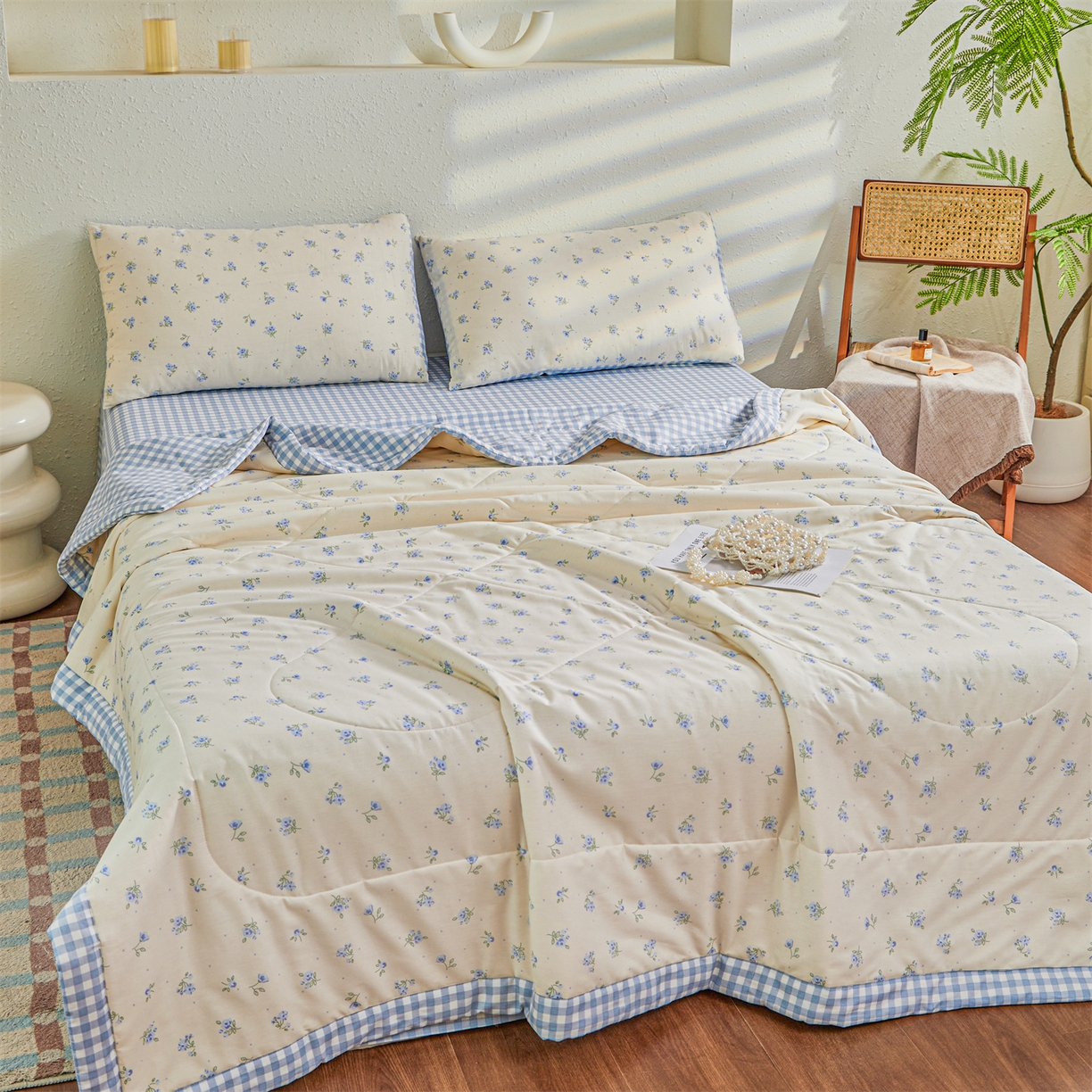 91家纺网 家纺一手货源 找家纺 小禹仔家纺 2026新款A类里外全棉印花棉花夏被 慕心-蓝