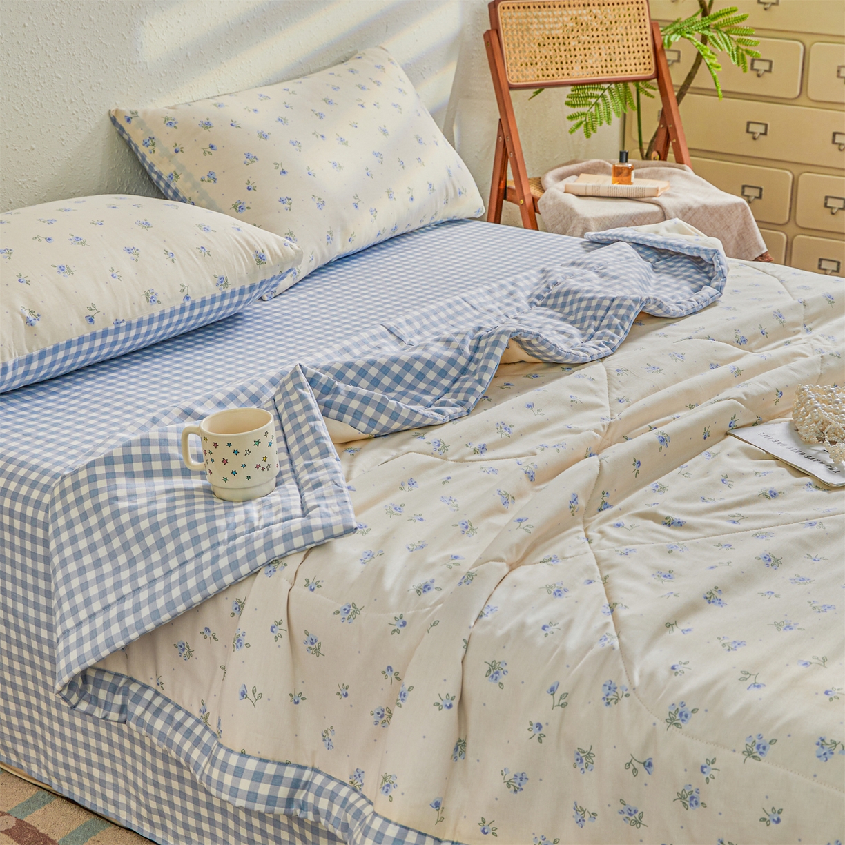 91家纺网 家纺一手货源 找家纺 小禹仔家纺 2026新款A类里外全棉印花棉花夏被 慕心-蓝