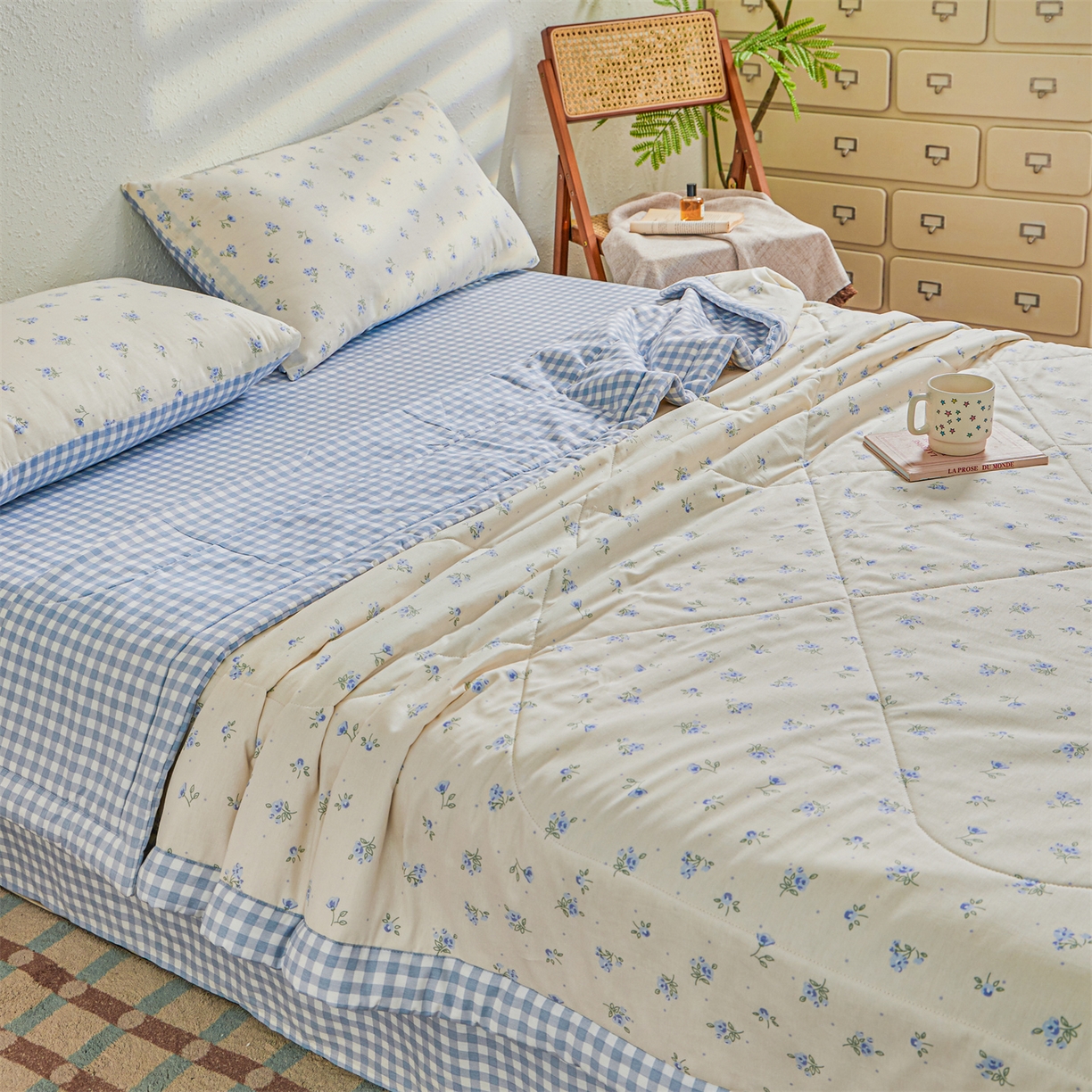 91家纺网 家纺一手货源 找家纺 小禹仔家纺 2026新款A类里外全棉印花棉花夏被 慕心-蓝