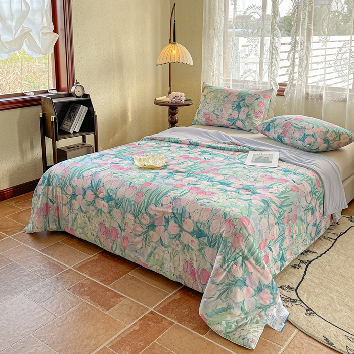 91家纺网 家纺一手货源 找家纺 小禹仔家纺 2026新款针织凉感丝印花夏被夏凉被 郁情粉