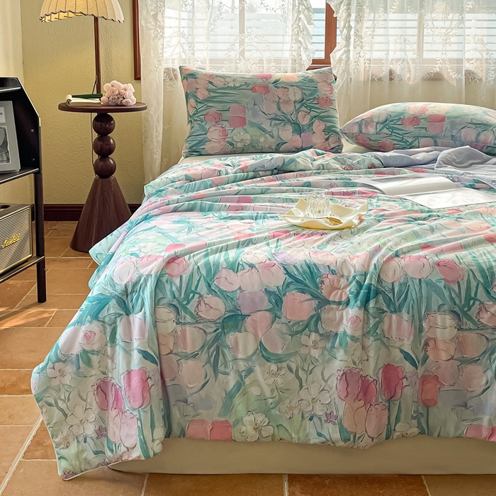 91家纺网 家纺一手货源 找家纺 小禹仔家纺 2026新款针织凉感丝印花夏被夏凉被 郁情粉