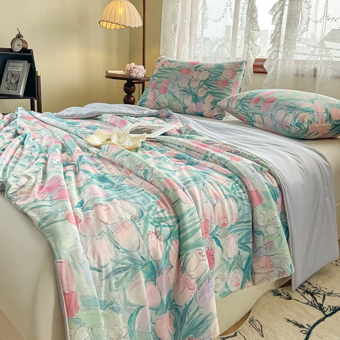 91家纺网 家纺一手货源 找家纺 小禹仔家纺 2026新款针织凉感丝印花夏被夏凉被 郁情粉