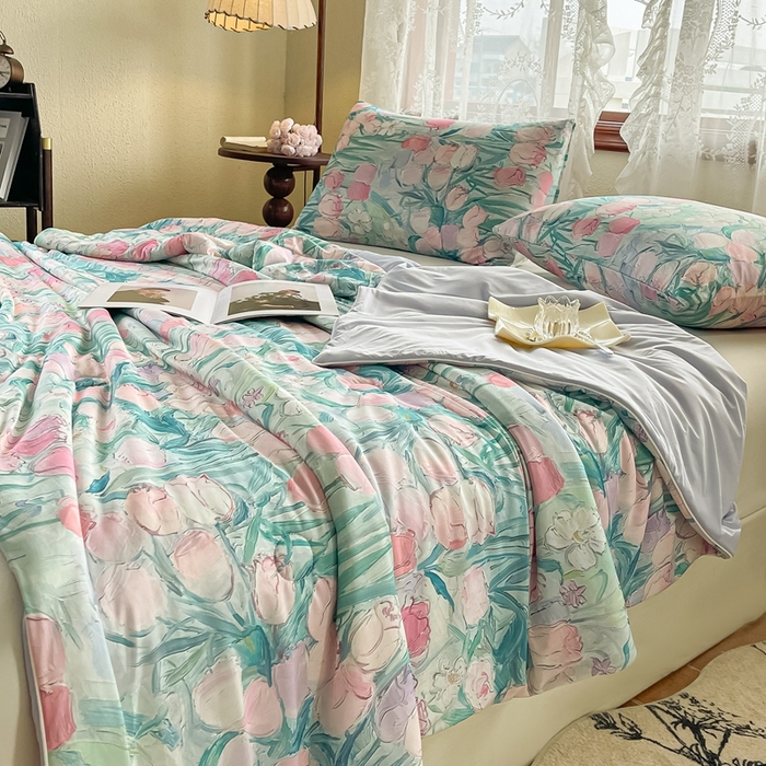 91家纺网 家纺一手货源 找家纺 小禹仔家纺 2026新款针织凉感丝印花夏被夏凉被 郁情粉