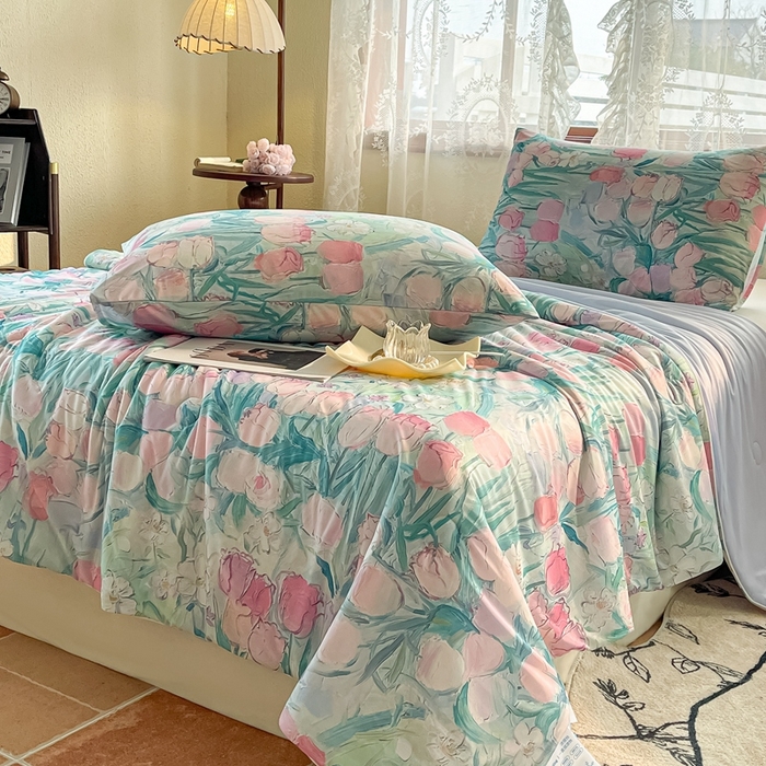 91家纺网 家纺一手货源 找家纺 小禹仔家纺 2026新款针织凉感丝印花夏被夏凉被 郁情粉