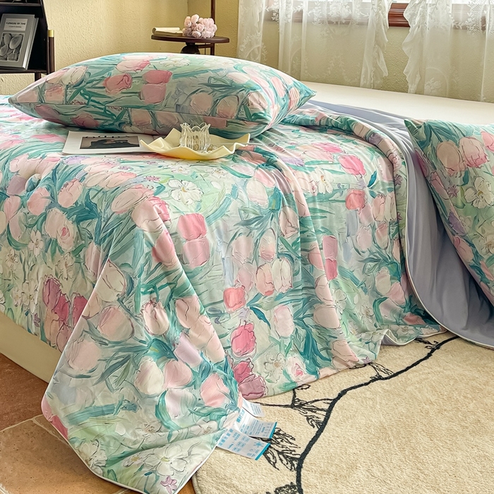 91家纺网 家纺一手货源 找家纺 小禹仔家纺 2026新款针织凉感丝印花夏被夏凉被 郁情粉