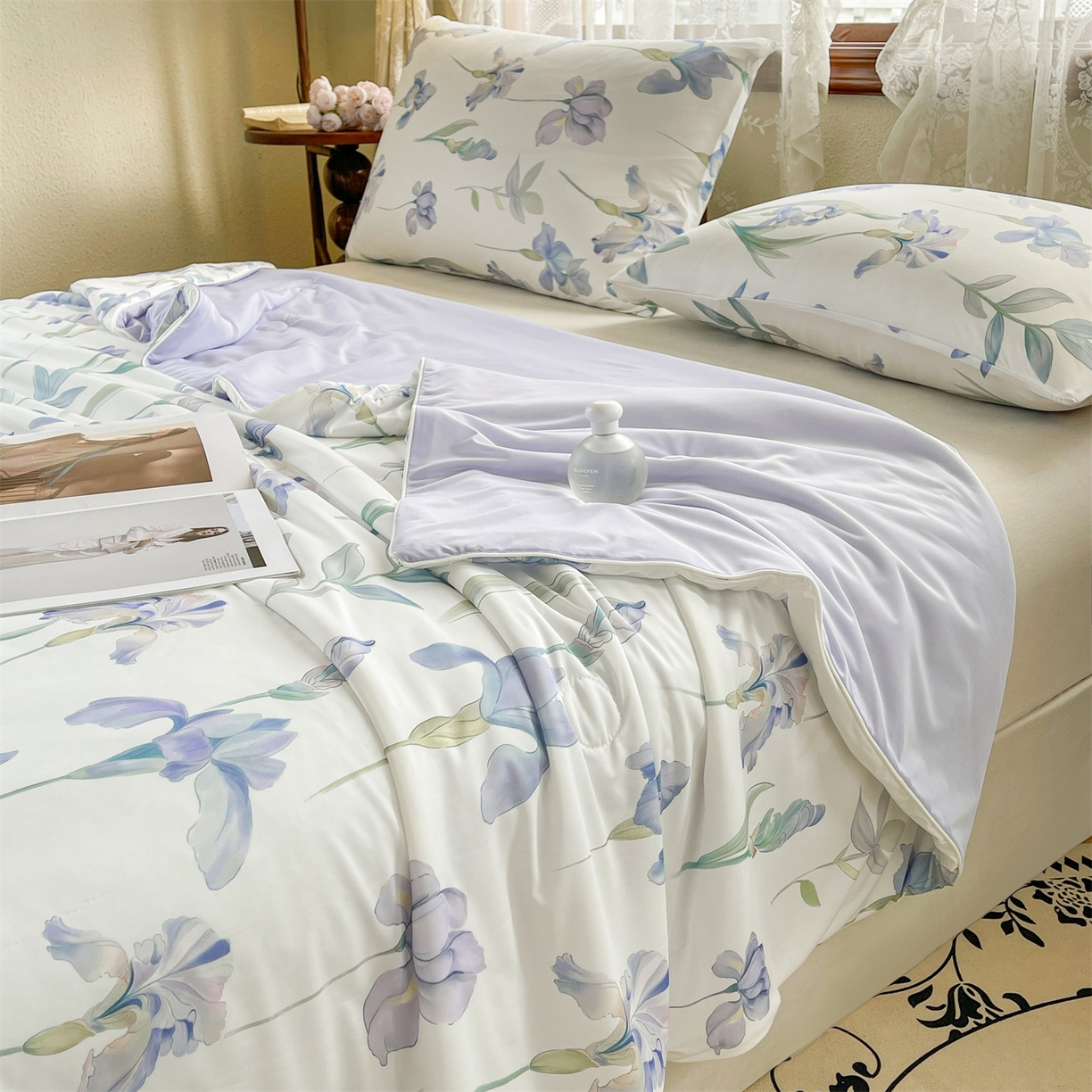 91家纺网 家纺一手货源 找家纺 小禹仔家纺 2026新款针织凉感丝印花夏被夏凉被 鸢尾雾影