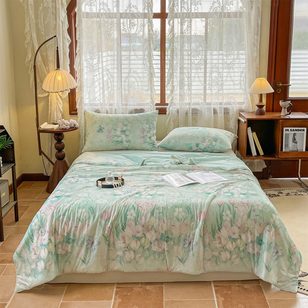 91家纺网 家纺一手货源 找家纺 小禹仔家纺 2026新款针织凉感丝印花夏被夏凉被 晨露郁金绿