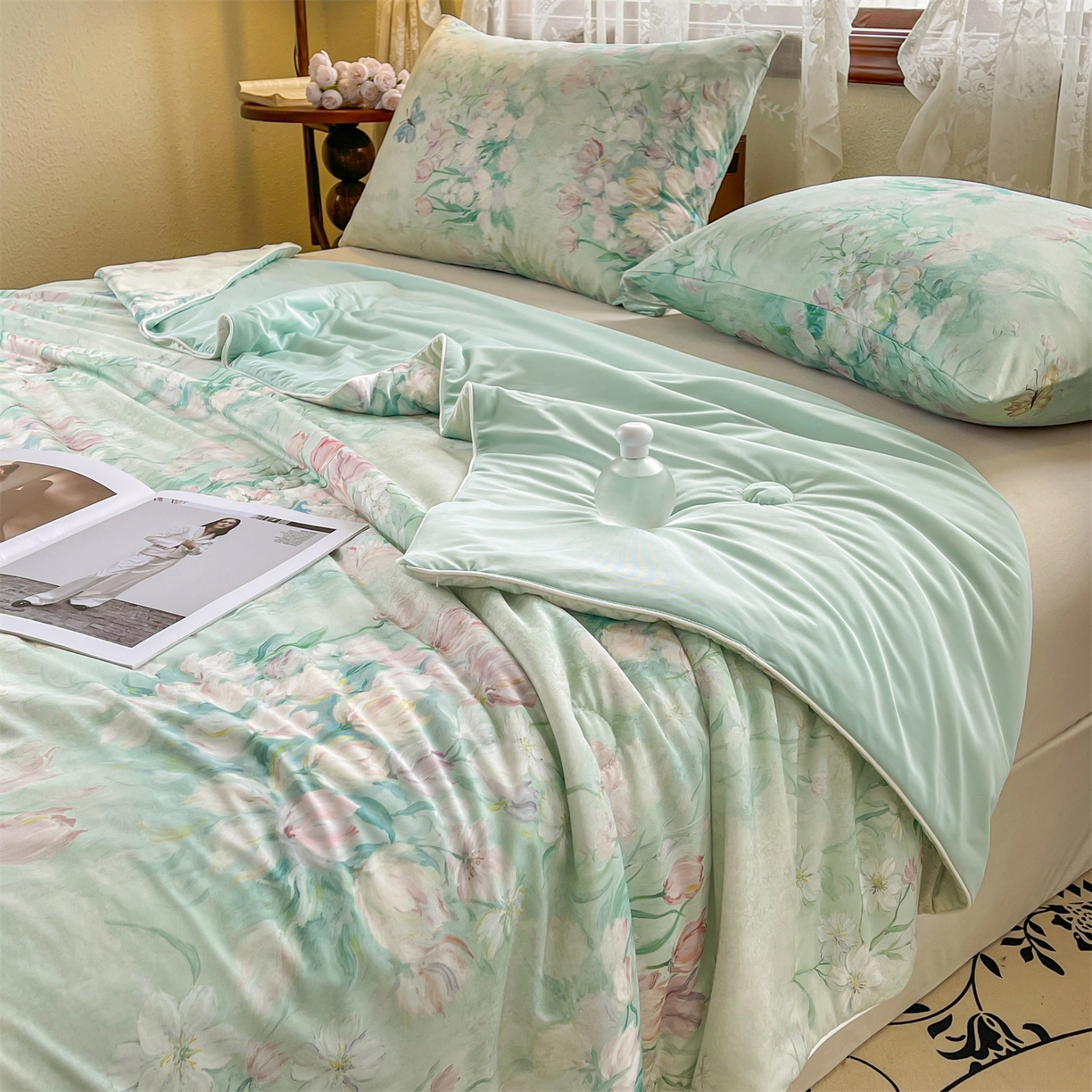 91家纺网 家纺一手货源 找家纺 小禹仔家纺 2026新款针织凉感丝印花夏被夏凉被 晨露郁金绿