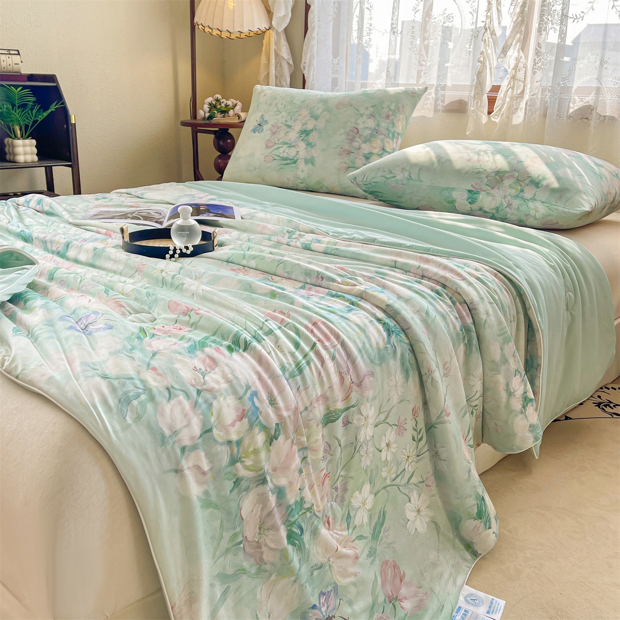 91家纺网 家纺一手货源 找家纺 小禹仔家纺 2026新款针织凉感丝印花夏被夏凉被 晨露郁金绿