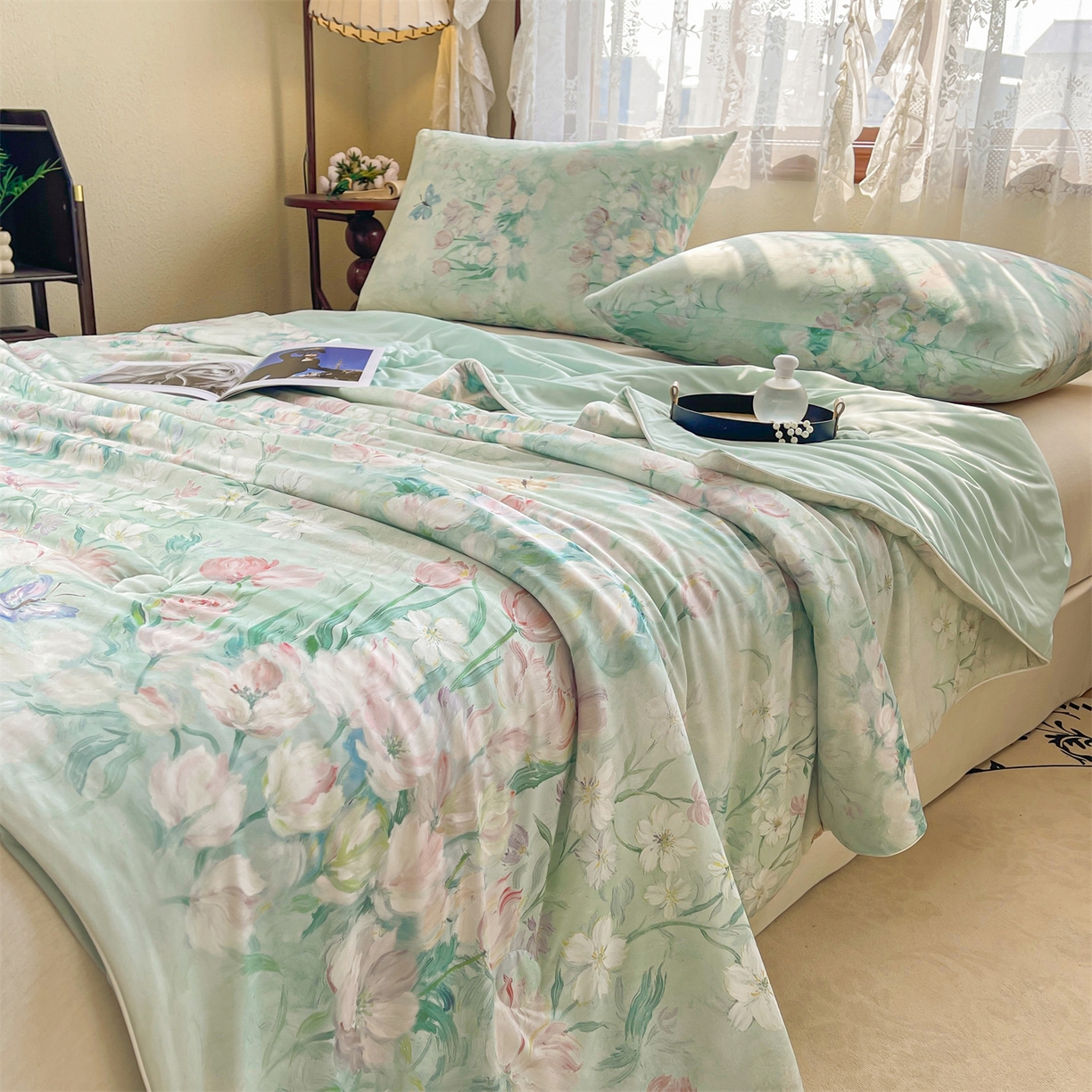 91家纺网 家纺一手货源 找家纺 小禹仔家纺 2026新款针织凉感丝印花夏被夏凉被 晨露郁金绿