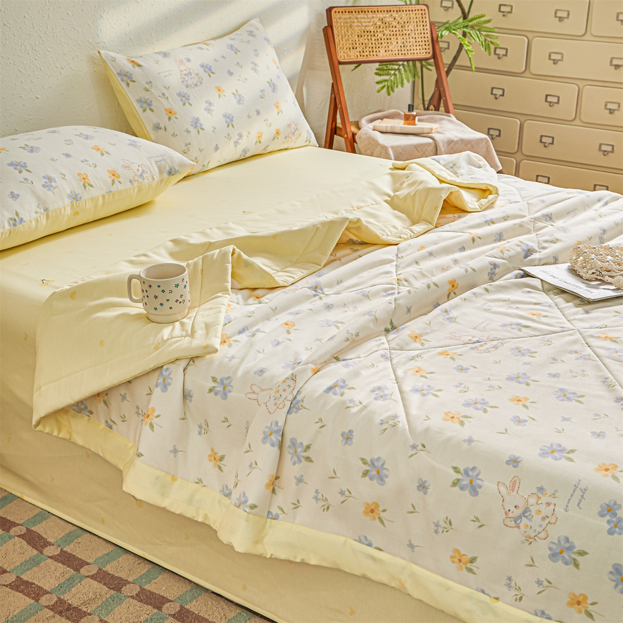 91家纺网 家纺一手货源 找家纺 小禹仔家纺 2026新款A类里外全棉印花棉花夏被 兔茶春序