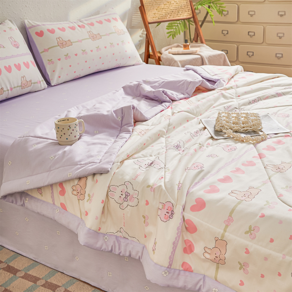 91家纺网 家纺一手货源 找家纺 小禹仔家纺 2026新款A类里外全棉印花棉花夏被 小兔念念