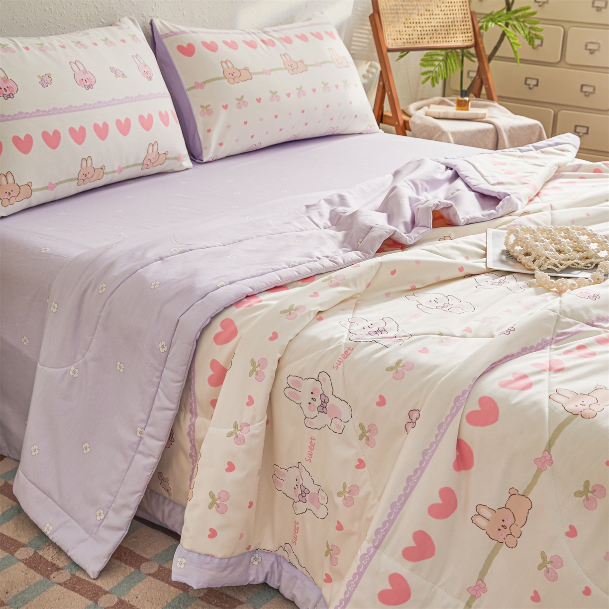 91家纺网 家纺一手货源 找家纺 小禹仔家纺 2026新款A类里外全棉印花棉花夏被 小兔念念