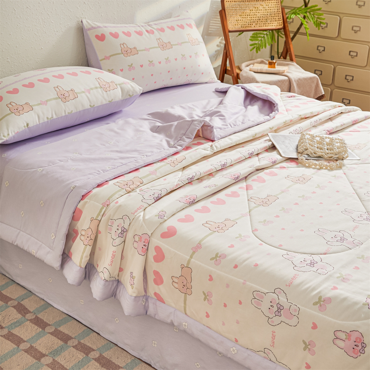 91家纺网 家纺一手货源 找家纺 小禹仔家纺 2026新款A类里外全棉印花棉花夏被 小兔念念