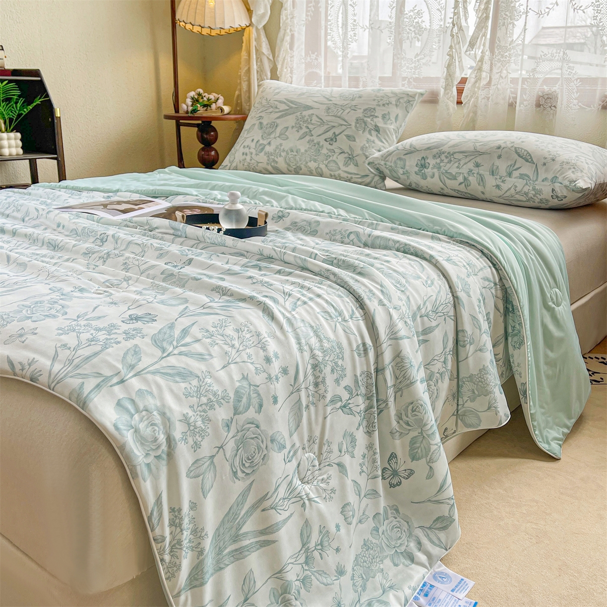 91家纺网 家纺一手货源 找家纺 小禹仔家纺 2026新款针织凉感丝印花夏被夏凉被 蜜糖绿