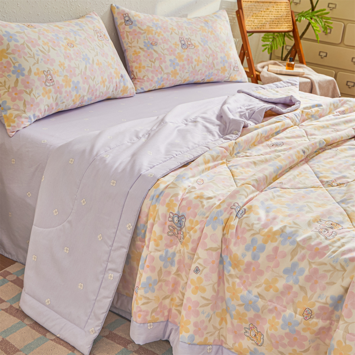 91家纺网 家纺一手货源 找家纺 小禹仔家纺 2026新款A类里外全棉印花棉花夏被 许愿兔