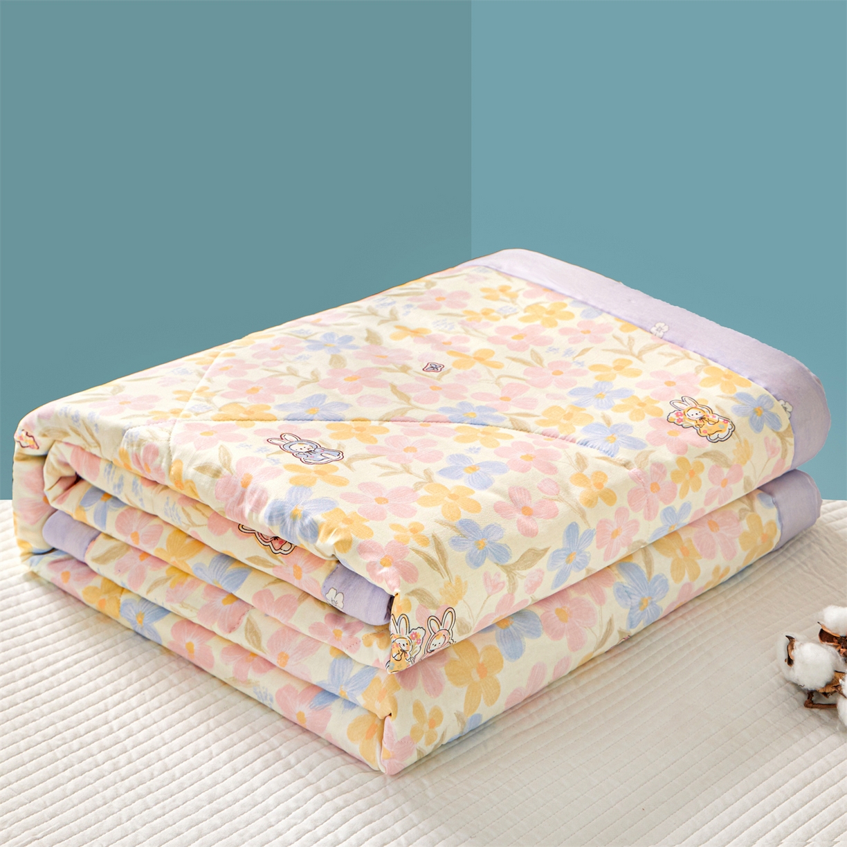 91家纺网 家纺一手货源 找家纺 小禹仔家纺 2026新款A类里外全棉印花棉花夏被 许愿兔