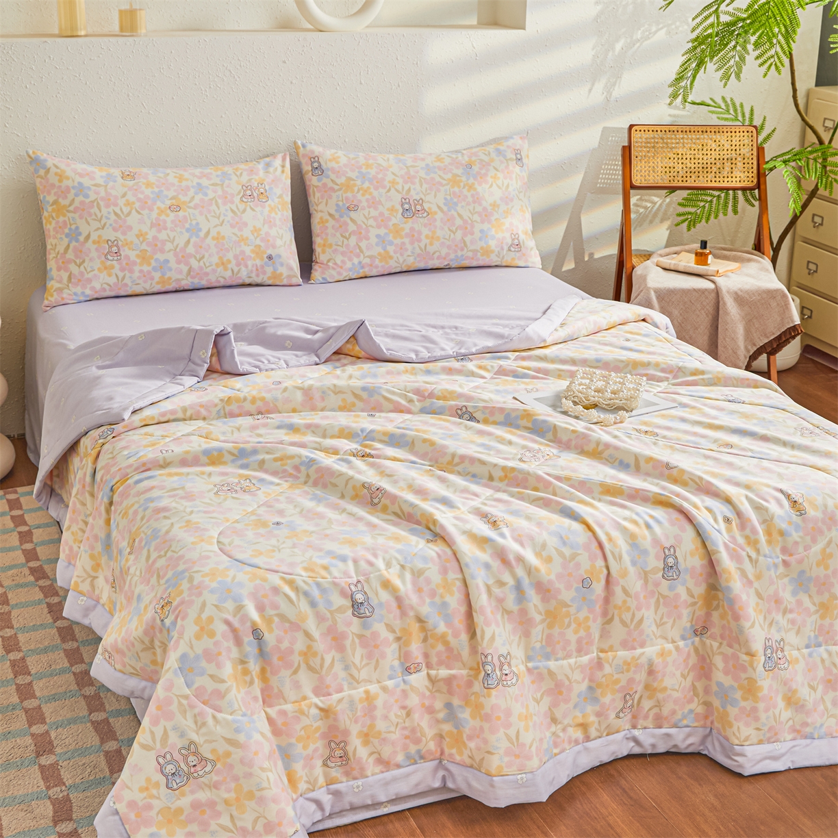 91家纺网 家纺一手货源 找家纺 小禹仔家纺 2026新款A类里外全棉印花棉花夏被 许愿兔