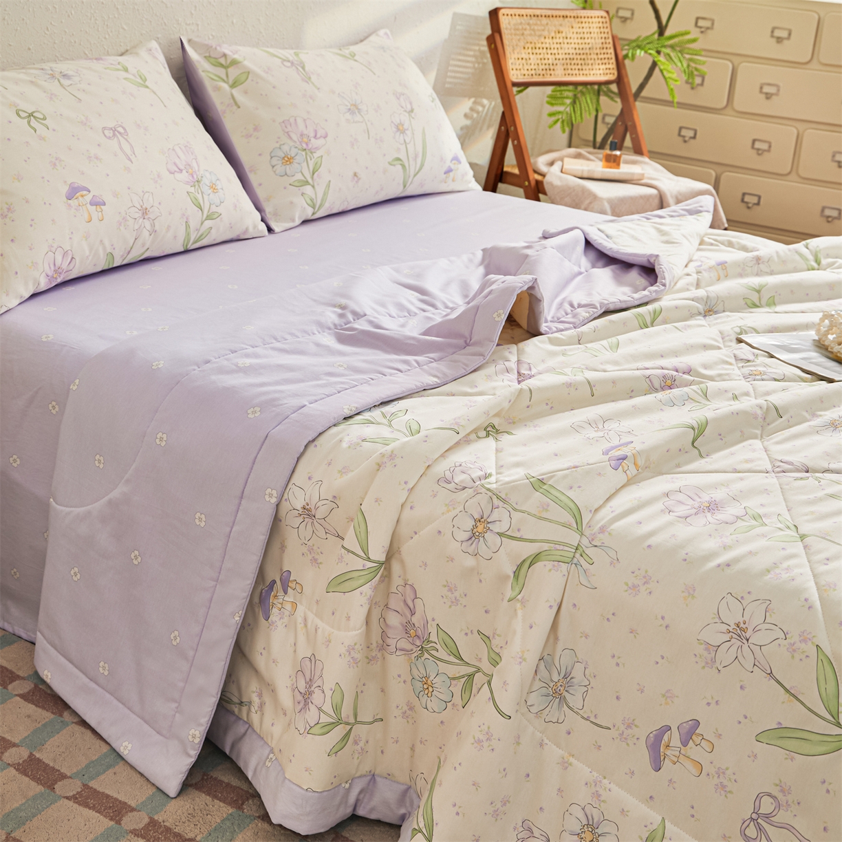 91家纺网 家纺一手货源 找家纺 小禹仔家纺 2026新款A类里外全棉印花棉花夏被 紫花轻语