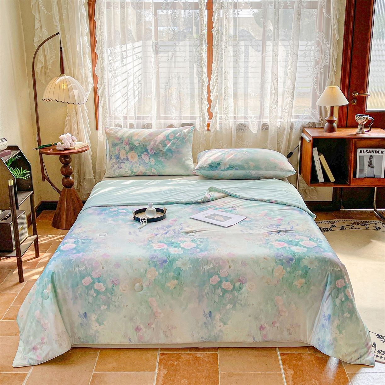 91家纺网 家纺一手货源 找家纺 小禹仔家纺 2026新款针织凉感丝印花夏被夏凉被 香蜜如霜绿