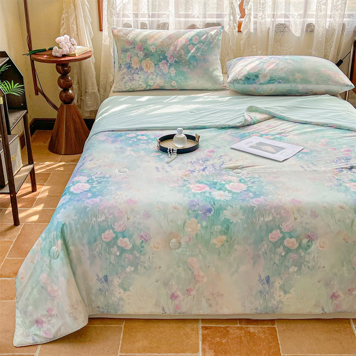 91家纺网 家纺一手货源 找家纺 小禹仔家纺 2026新款针织凉感丝印花夏被夏凉被 香蜜如霜绿