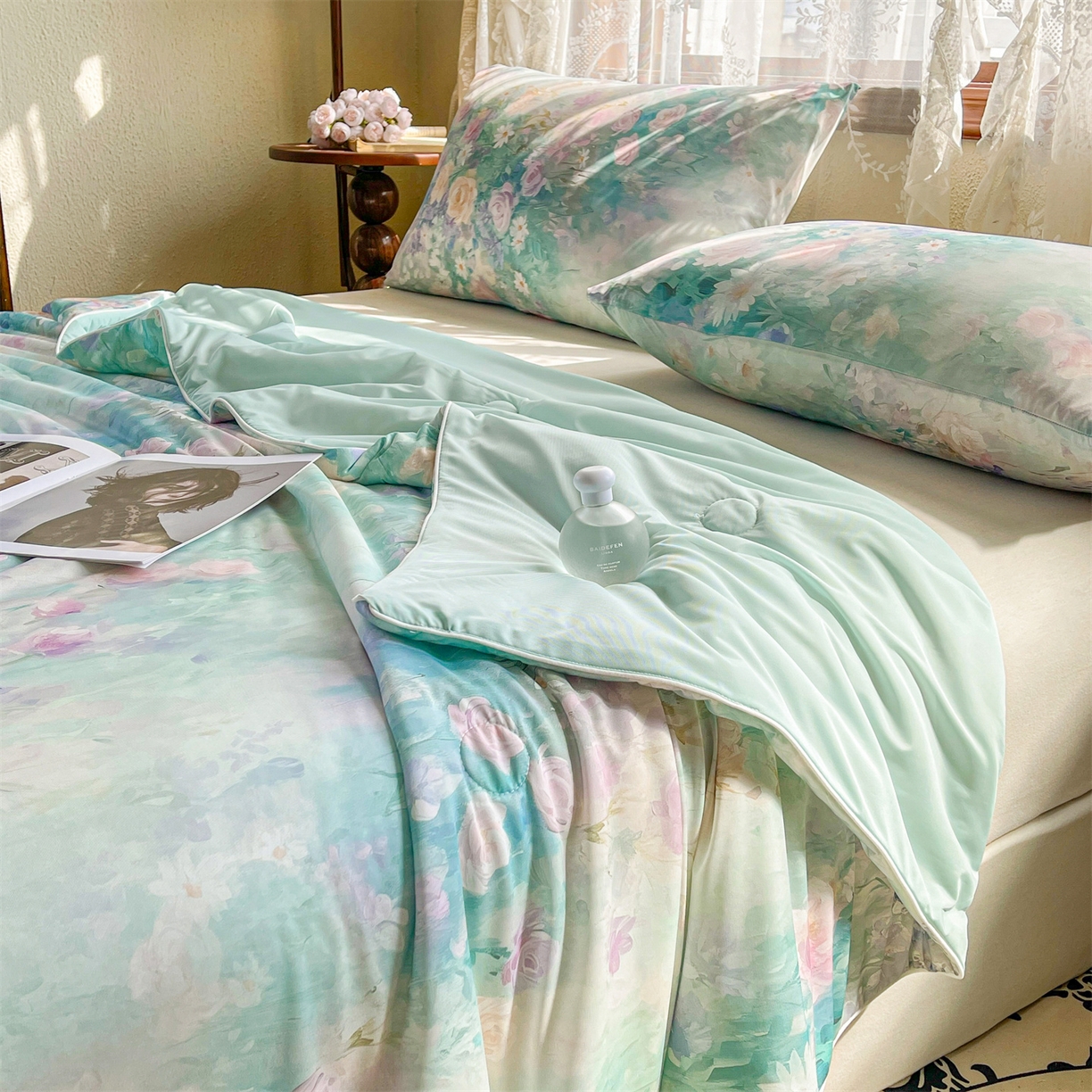 91家纺网 家纺一手货源 找家纺 小禹仔家纺 2026新款针织凉感丝印花夏被夏凉被 香蜜如霜绿