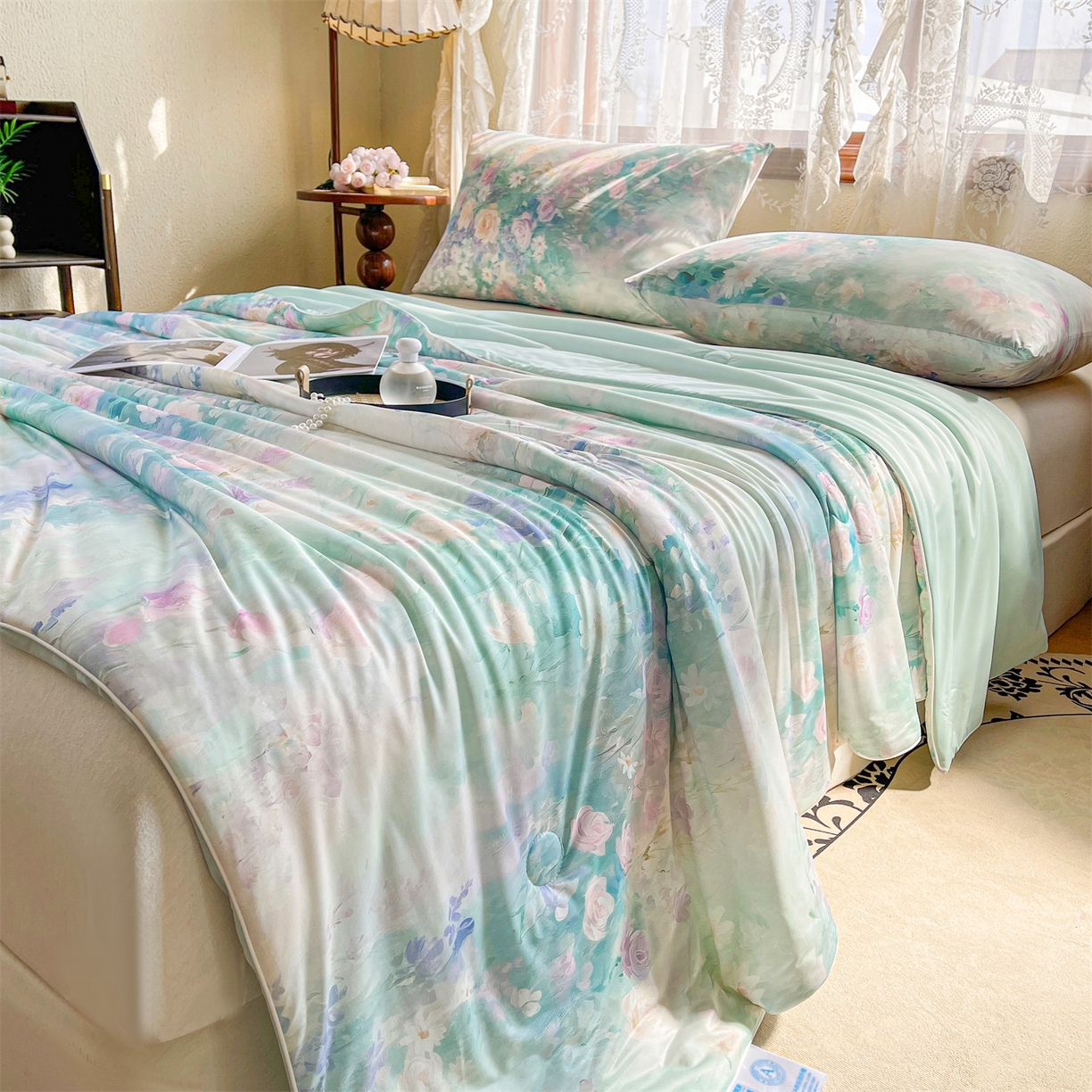 91家纺网 家纺一手货源 找家纺 小禹仔家纺 2026新款针织凉感丝印花夏被夏凉被 香蜜如霜绿