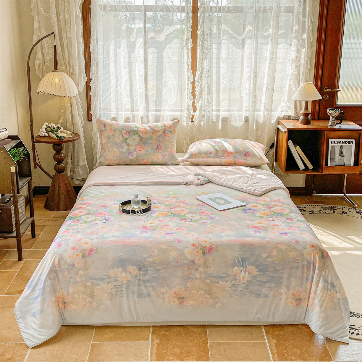 91家纺网 家纺一手货源 找家纺 小禹仔家纺 2026新款针织凉感丝印花夏被夏凉被 叶初粉