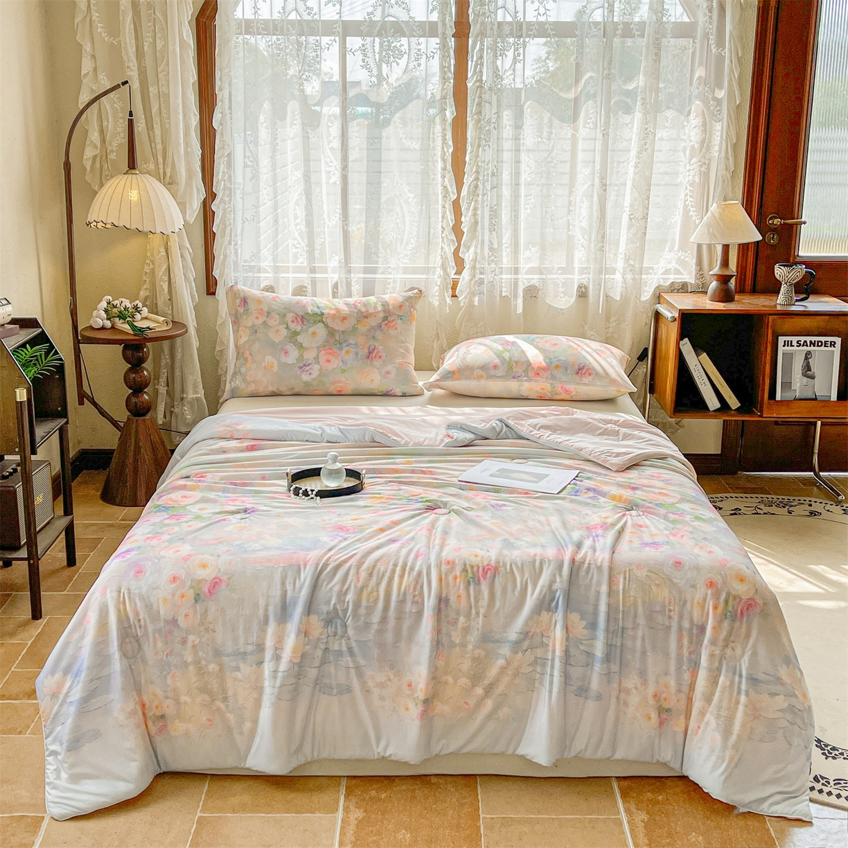 91家纺网 家纺一手货源 找家纺 小禹仔家纺 2026新款针织凉感丝印花夏被夏凉被 叶初粉