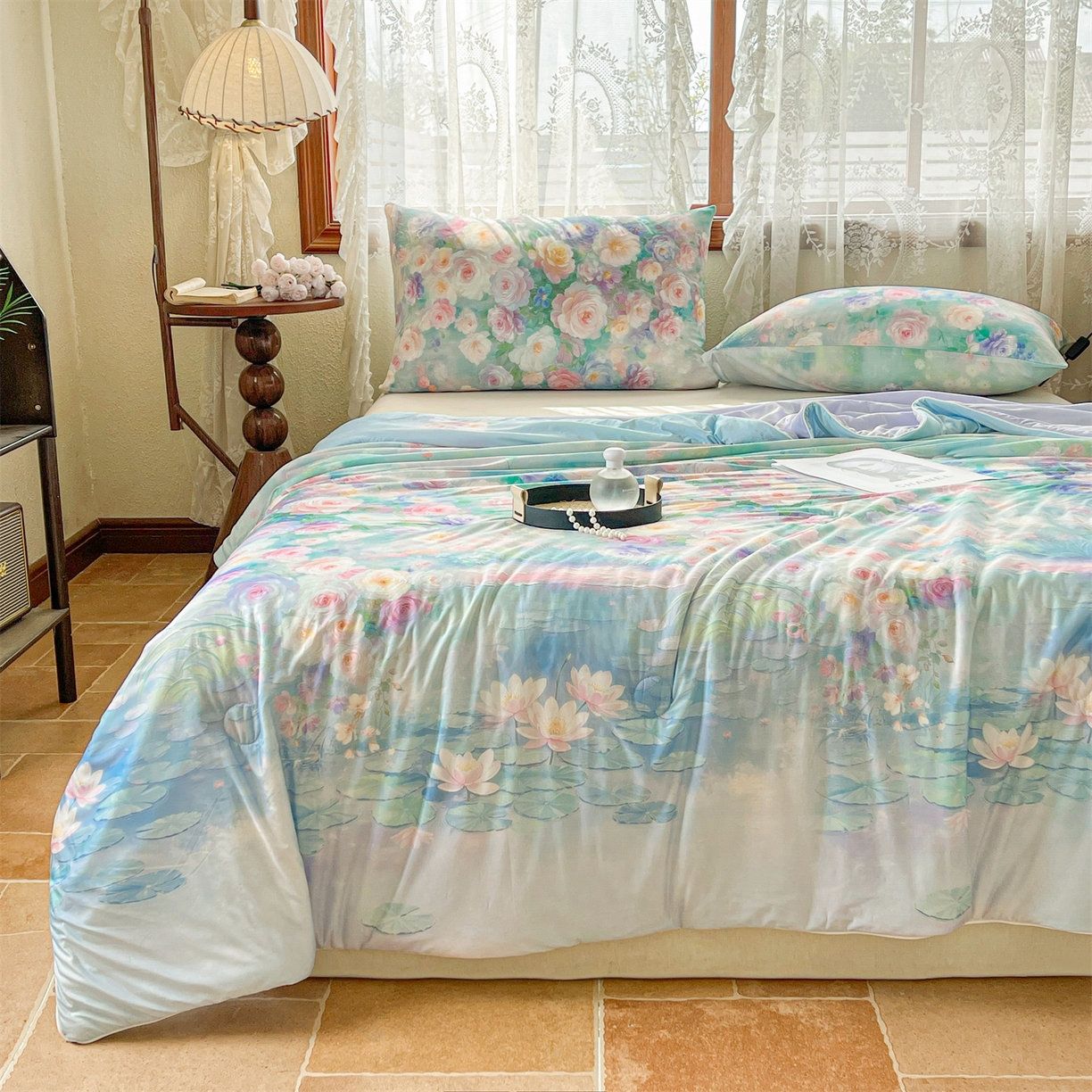 91家纺网 家纺一手货源 找家纺 小禹仔家纺 2026新款针织凉感丝印花夏被夏凉被 叶初绿