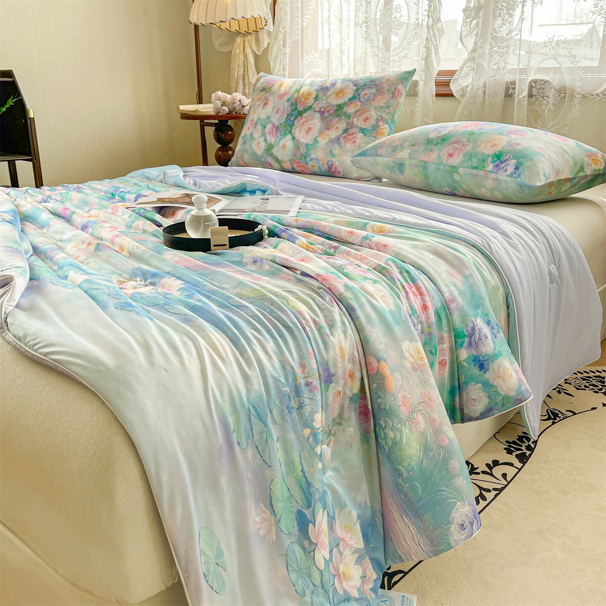 91家纺网 家纺一手货源 找家纺 小禹仔家纺 2026新款针织凉感丝印花夏被夏凉被 叶初绿