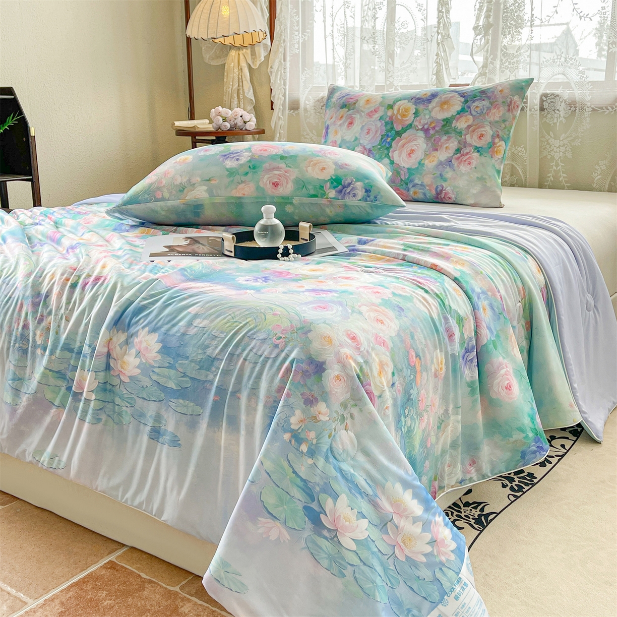 91家纺网 家纺一手货源 找家纺 小禹仔家纺 2026新款针织凉感丝印花夏被夏凉被 叶初绿