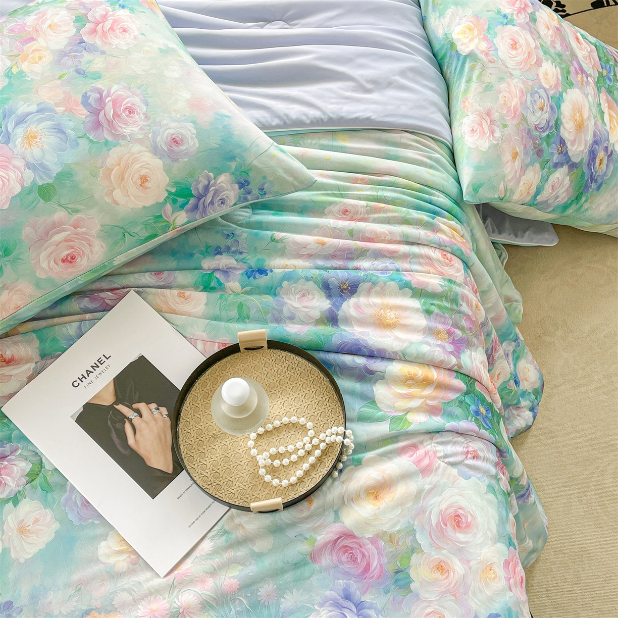 91家纺网 家纺一手货源 找家纺 小禹仔家纺 2026新款针织凉感丝印花夏被夏凉被 叶初绿