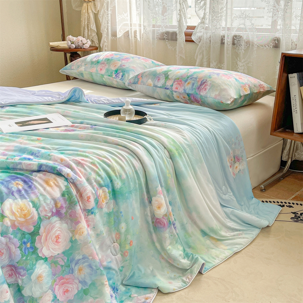 91家纺网 家纺一手货源 找家纺 小禹仔家纺 2026新款针织凉感丝印花夏被夏凉被 叶初绿