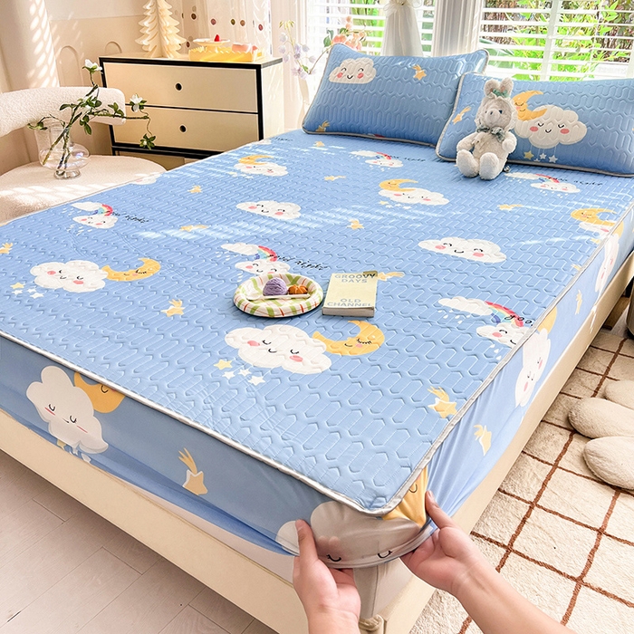 91家纺网 家纺一手货源 找家纺 518家纺 2026新款凉感冰丝裸睡乳胶凉席系列床笠款凉席席子 可爱云朵