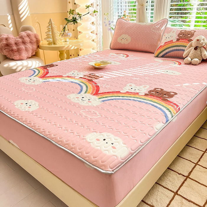 91家纺网 家纺一手货源 找家纺 518家纺 2026新款凉感冰丝裸睡乳胶凉席系列床笠款凉席席子 彩虹兔