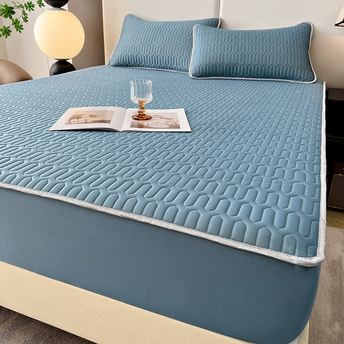 91家纺网 家纺一手货源 找家纺 518家纺 2026新款凉感冰丝裸睡乳胶凉席系列床笠款凉席席子 典雅蓝