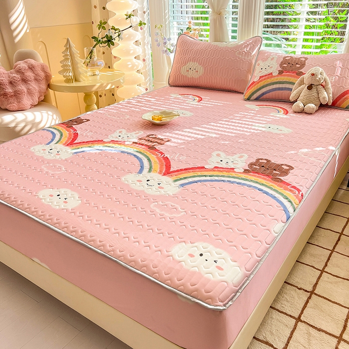 91家纺网 家纺一手货源 找家纺 518家纺 2026新款凉感冰丝裸睡乳胶凉席系列床笠款凉席席子 彩虹兔