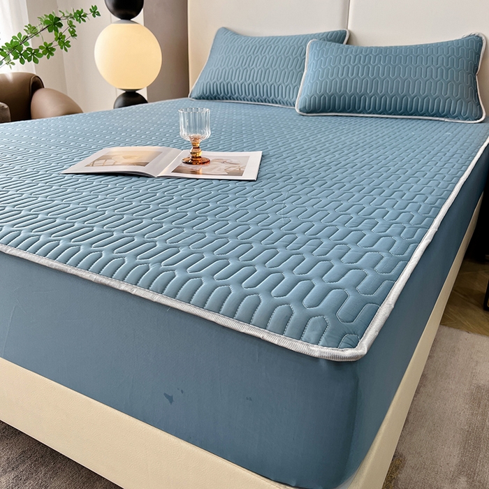 91家纺网 家纺一手货源 找家纺 518家纺 2026新款凉感冰丝裸睡乳胶凉席系列床笠款凉席席子 典雅蓝