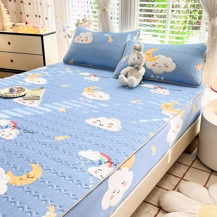 91家纺网 家纺一手货源 找家纺 518家纺 2026新款凉感冰丝裸睡乳胶凉席系列床笠款凉席席子 可爱云朵