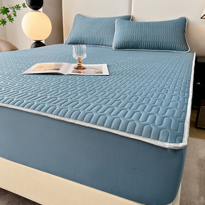 91家纺网 家纺一手货源 找家纺 518家纺 2026新款凉感冰丝裸睡乳胶凉席系列床笠款凉席席子 典雅蓝